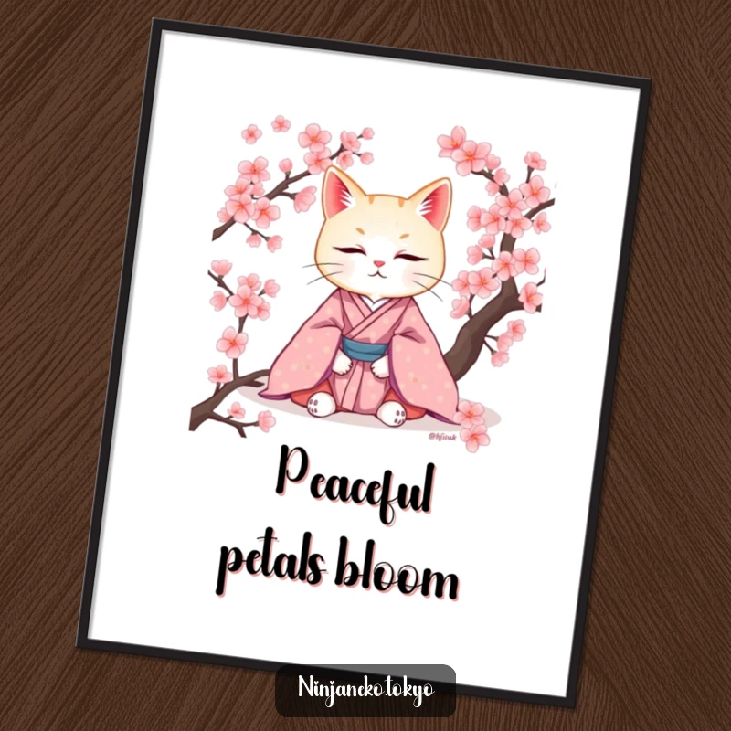 Funny poster of a serene cat in an elegant kimono meditating peacefully amidst delicate cherry blossoms. A tranquil and humorous artwork.