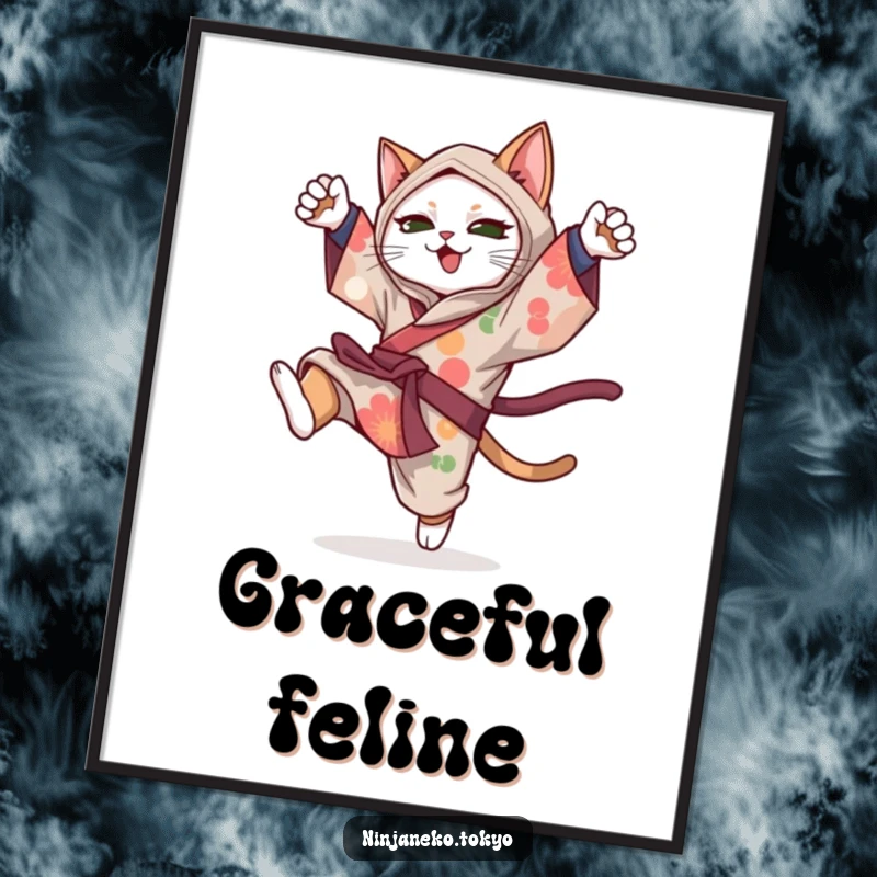 Funny ninja cat in a festive kimono executing a playful somersault, bringing dynamic humor to this wall art poster.