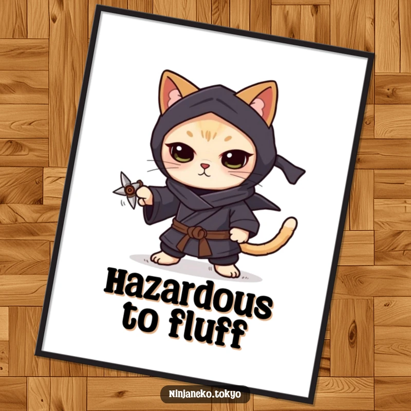 Funny focused ninja cat in a dark kimono, balancing a tiny shuriken on its paw, displayed as precise art on this poster.