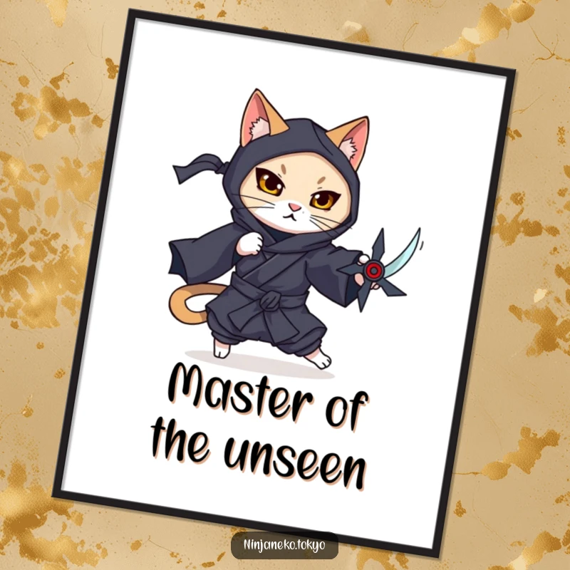 Funny poster of a ninja cat in a dark kimono gracefully dodging an imaginary shuriken, showcasing mastery and humor.