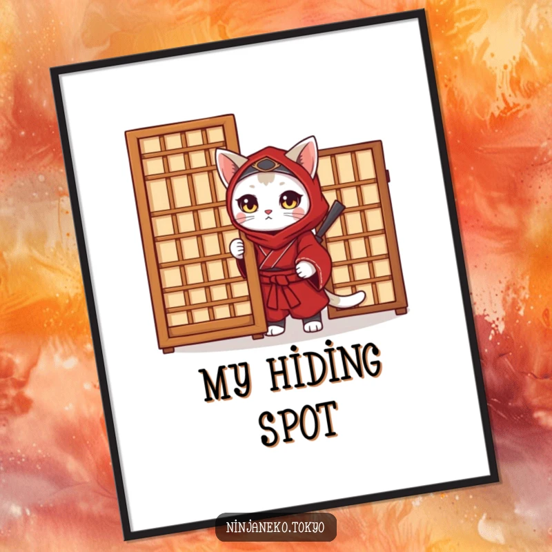 Funny Ninja Cat Poster: A ninja cat in a red kimono peeks from behind a screen, a funny and striking piece of wall art.