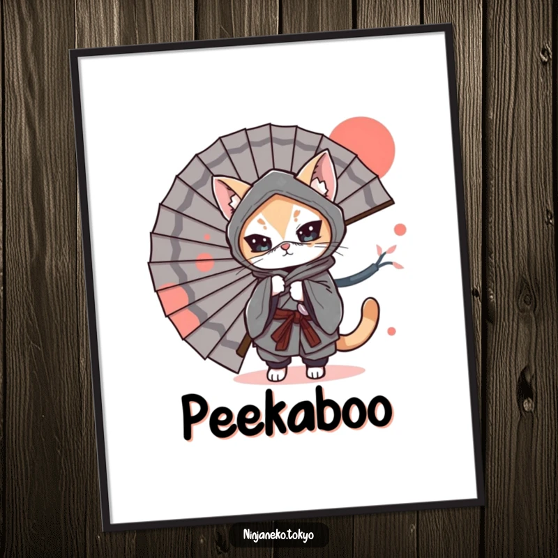 Funny Poster: A ninja cat in a kimono playfully hides behind a large Japanese fan, creating a humorous scene of stealth and intrigue.