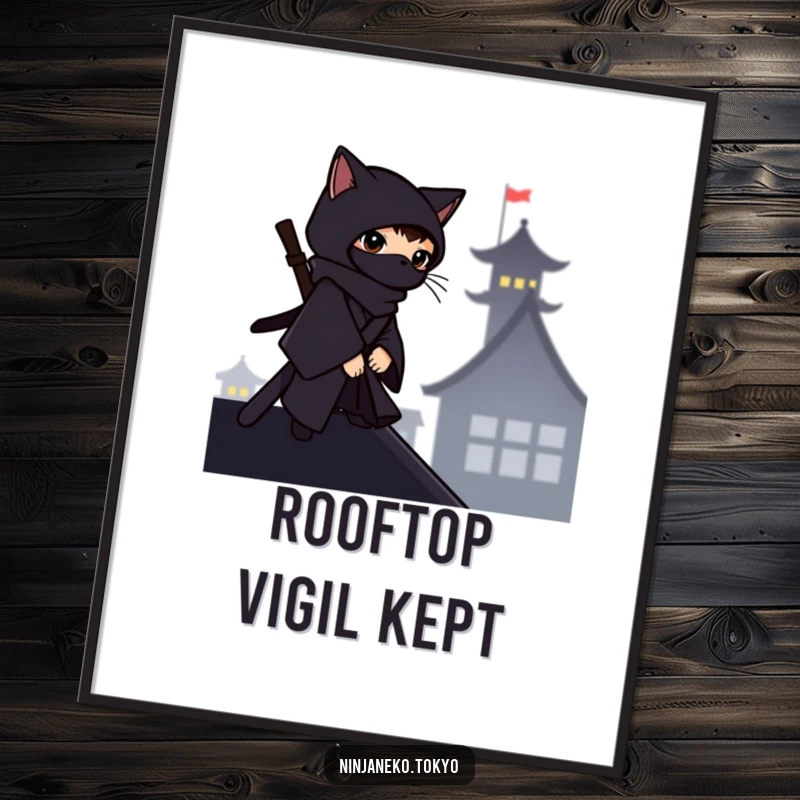 Funny ninja cat in a dark kimono observing from a rooftop silhouette, as a poster, adding stealthy humor to decor.