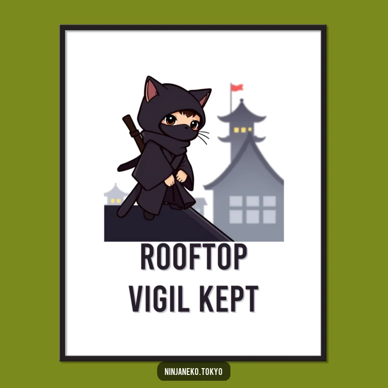 Funny Ninja Cat Rooftop Poster: Hilarious Stealth Art for Your Walls!