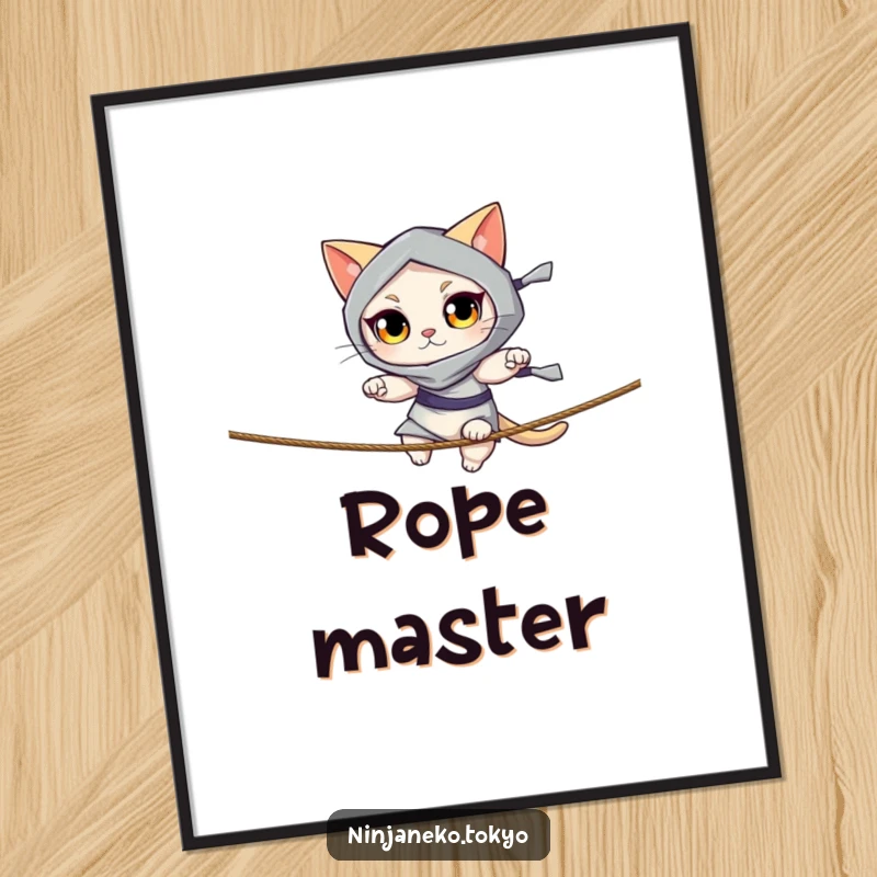 Funny poster of a ninja cat with bright eyes balancing on a thin rope, highlighting feline agility and humor. Ideal funny gift.