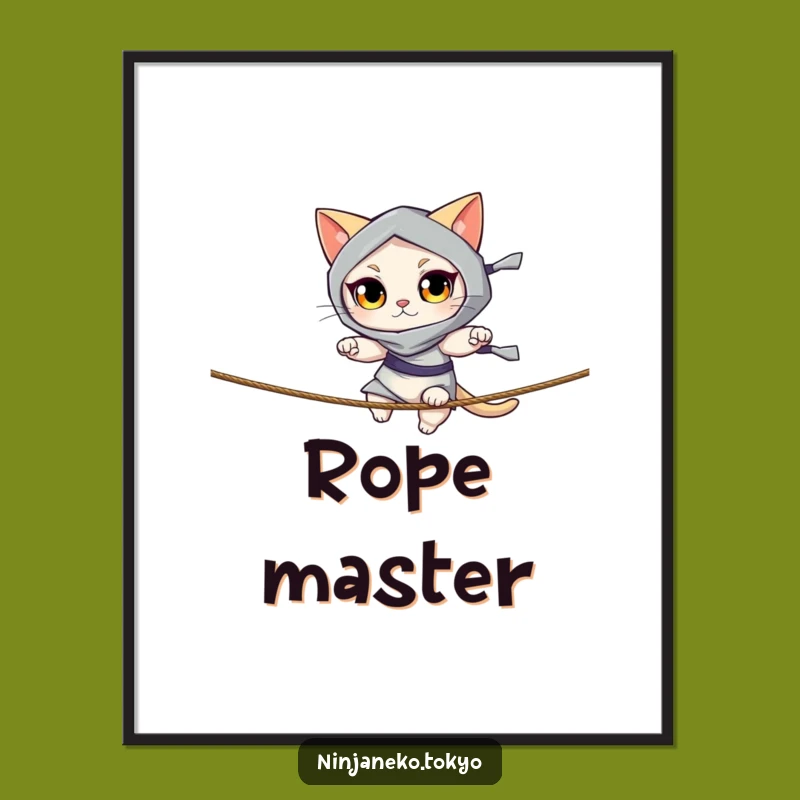 Funny Ninja Cat Rope Poster - Striking Wall Art of Agile Feline