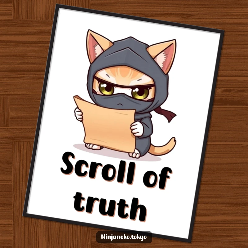 Funny poster of a curious ninja cat wearing a mask, studying a miniature scroll with intense, focused eyes. Captivating wall art.