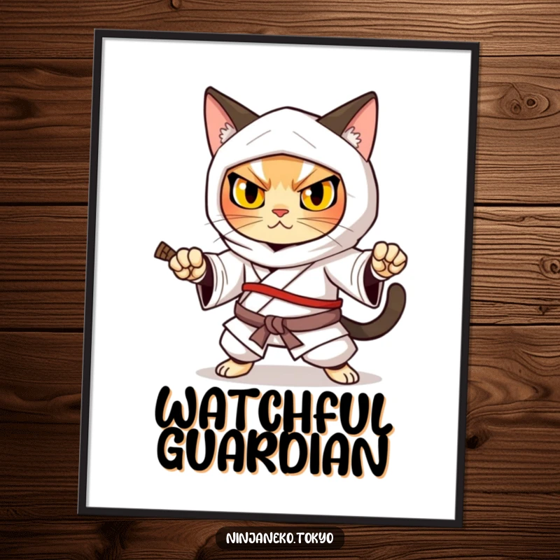 Funny ninja cat in a traditional kimono striking a strong defensive pose, conveying determination on this inspiring poster.