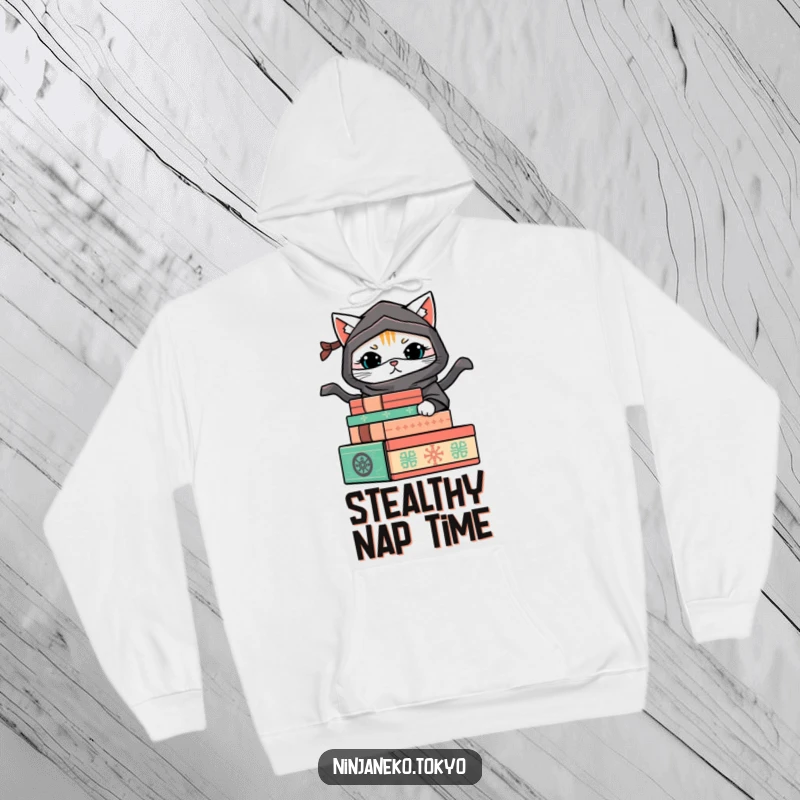 Funny hoodie featuring a ninja cat hiding behind decorative boxes, offering warmth and a touch of playful mischief. Cozy and mysterious.