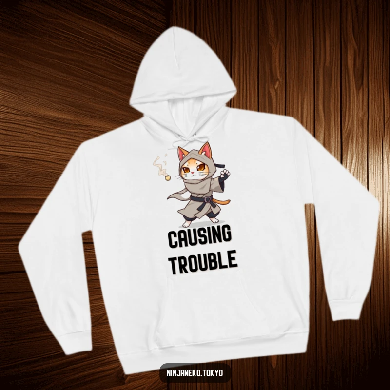 Funny ninja cat in a flowing kimono with a smoking pellet, designed for comfort and mysterious fun on this hoodie.