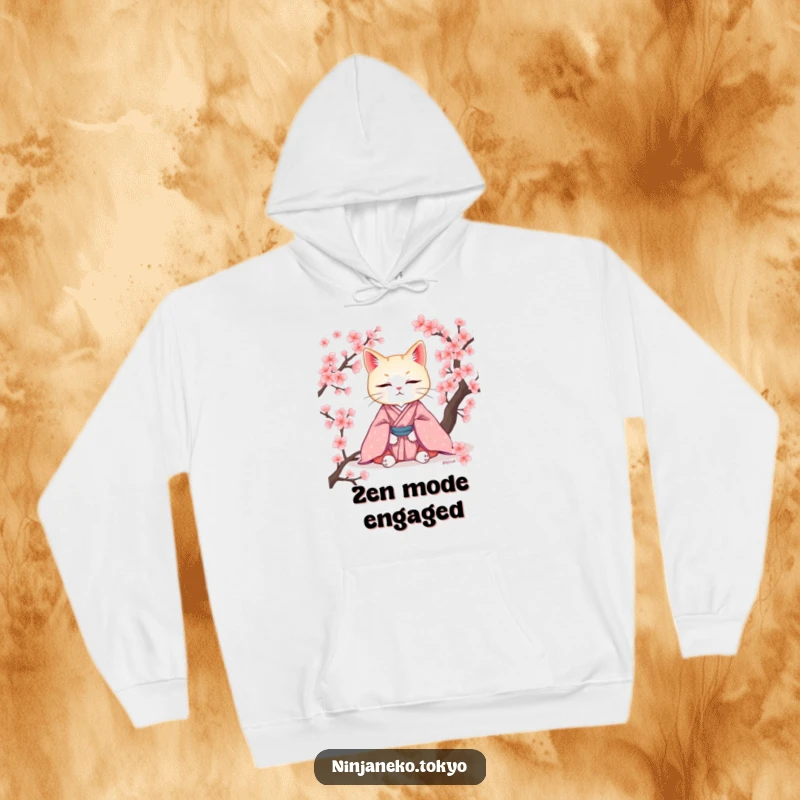 Funny hoodie featuring a meditating cat in a kimono surrounded by cherry blossoms, offering warmth and a sense of peace. Cozy and serene.