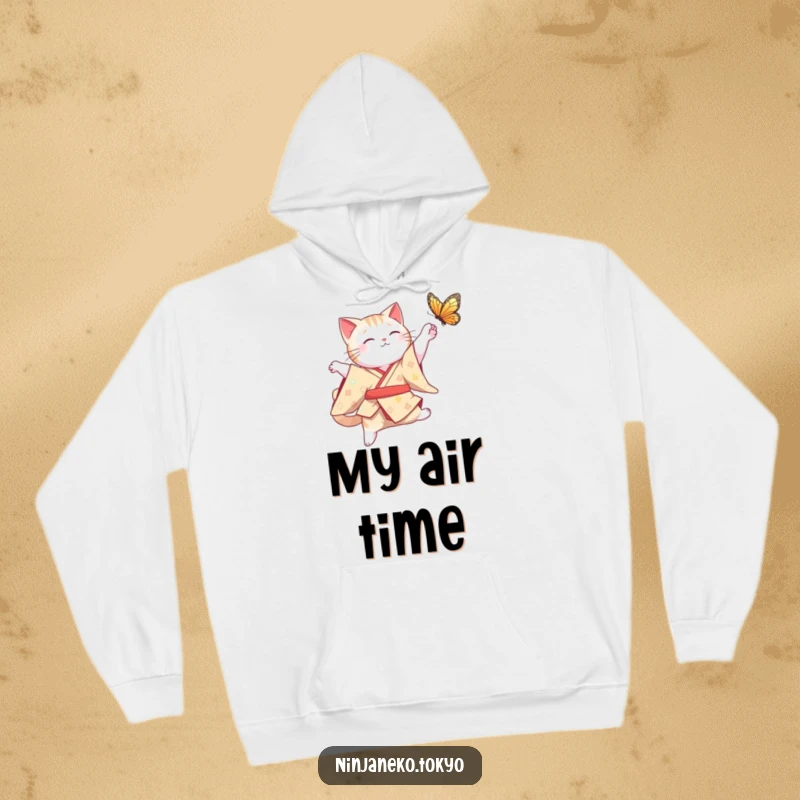 Funny Cat Hoodie: A graceful cat in a traditional kimono leaps mid-air for a butterfly, offering cozy comfort and elegant humor.