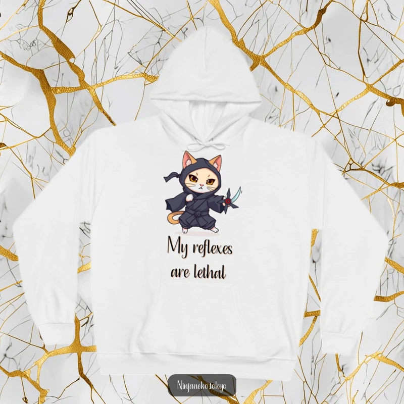 Funny hoodie featuring a ninja cat in a dark kimono gracefully dodging an imaginary shuriken, providing warmth and humor.