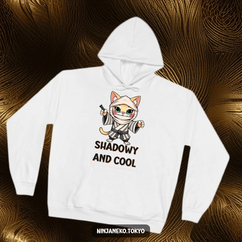 Funny Ninja Cat Hoodie: A determined cat in a striped kimono strikes a playful ninja pose, offering cozy warmth and humorous stealth.