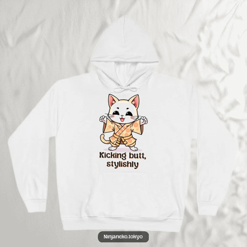 Funny happy cat in a brightly patterned kimono, enthusiastically practicing ninja kicks, featured on this warm and humorous hoodie.