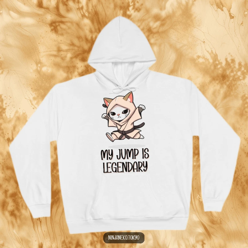 Funny hoodie illustrating a ninja cat in a stealthy kimono performing a silent, powerful leap, offering warmth and style.