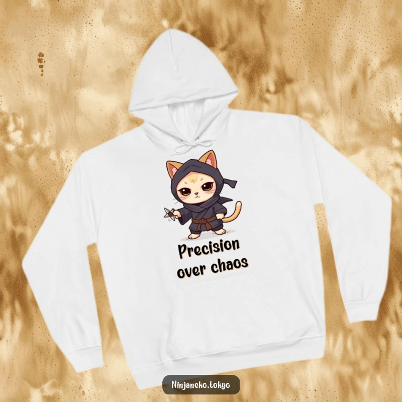 Funny ninja cat in a dark kimono, balancing a tiny shuriken on its paw, showcasing focus on this cozy hoodie.