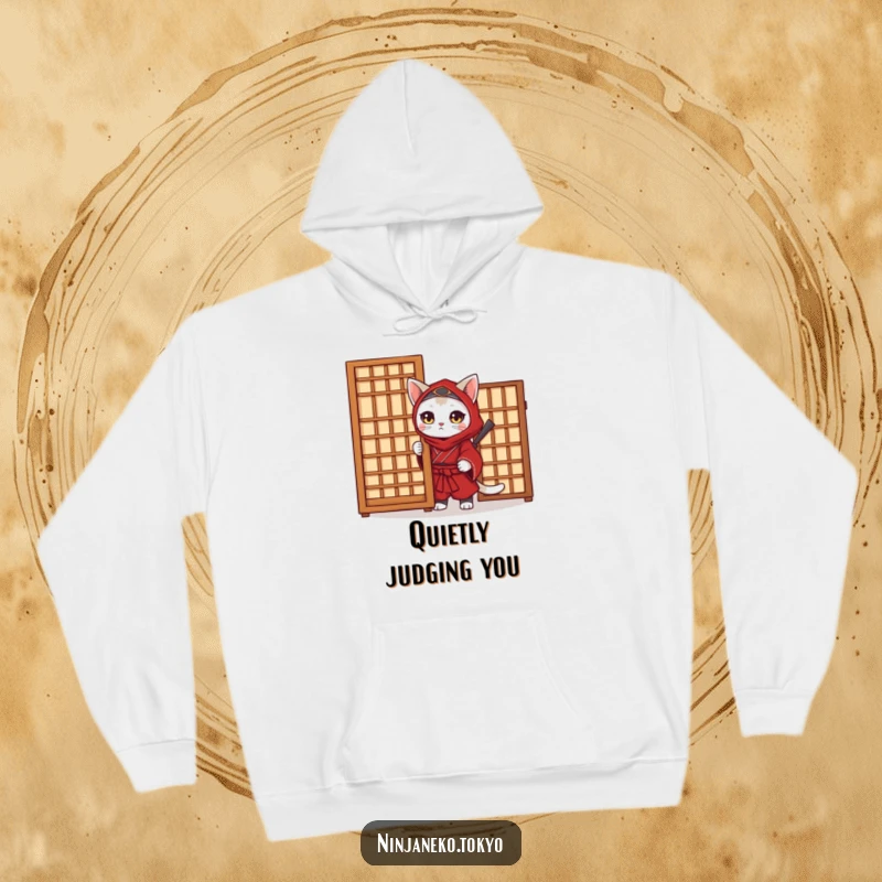 Funny Ninja Cat Hoodie: A stealthy ninja cat in a red kimono peeps from behind a traditional screen, a hilarious and warm apparel.