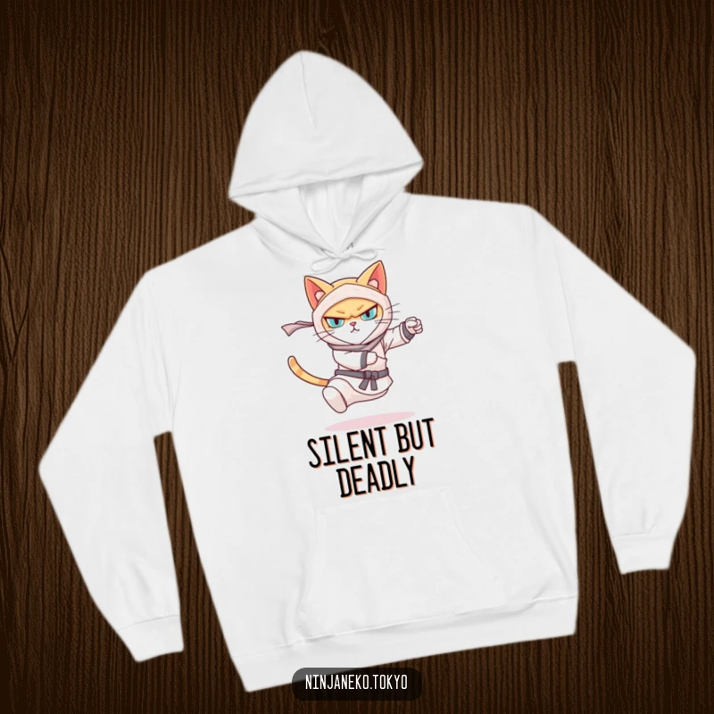 Funny hoodie showcasing a determined ninja cat in a dynamic kicking stance, offering warmth and a humorous design. Excellent for gifting.