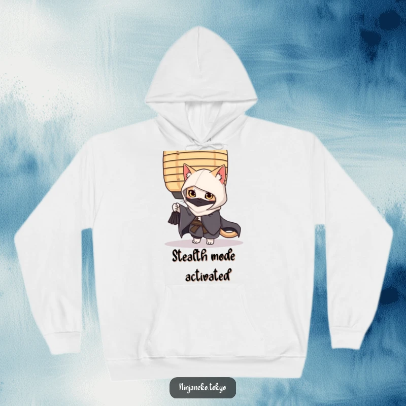 Funny ninja cat in a kimono peeking from behind a paper lantern, showcasing stealth and humor on this warm, cozy hoodie.