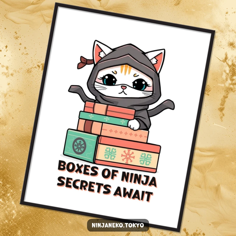 Funny Free Printable Wall Art: A mischievous ninja cat peeking out from behind a stack of decorative boxes.