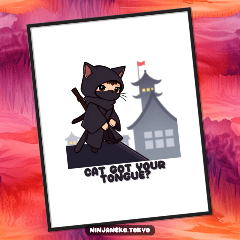 Funny Free Printable Wall Art: A ninja cat in a dark kimono observes the surroundings from a rooftop silhouette.