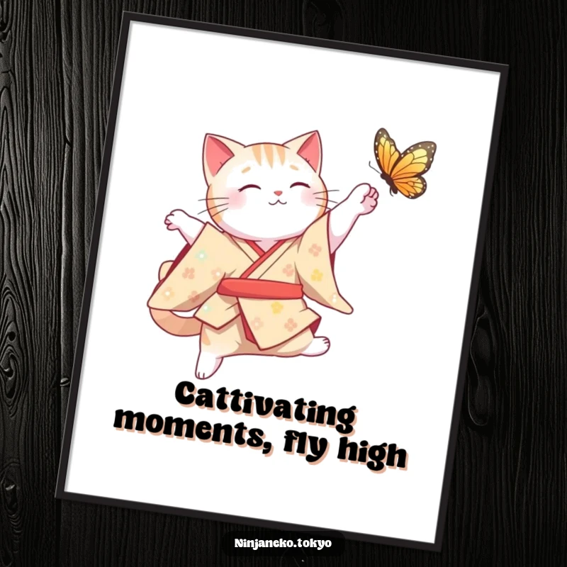Funny Free Printable Wall Art: A cute cat in a traditional kimono gracefully leaping mid-air to catch a butterfly, charming decor.