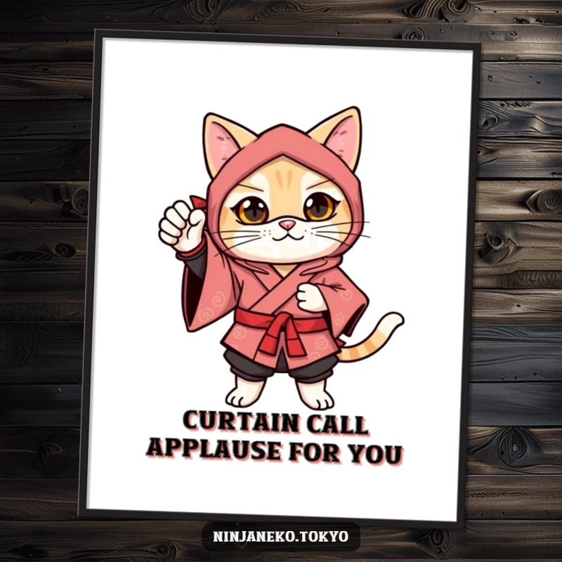 Funny Free Printable Ninja Cat Wall Art: A ninja cat in a festive kimono strikes a confident pose with one paw raised in a formal bow.
