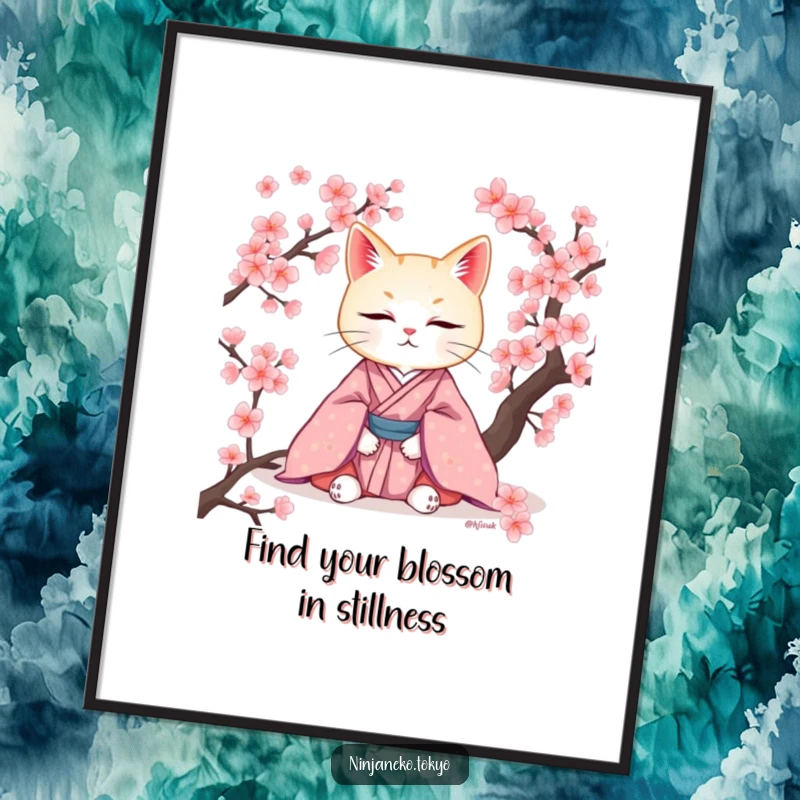 Elegant Free Printable Wall Art: A serene cat wearing a kimono meditating gracefully amidst delicate cherry blossoms.