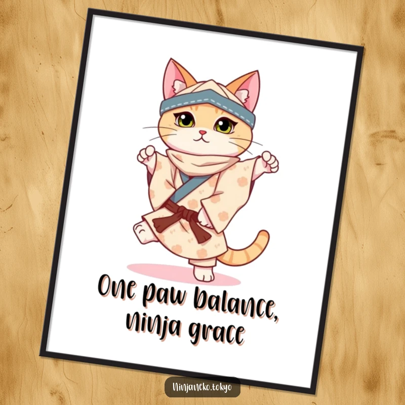 Funny Free Printable Wall Art: A ninja cat in a patterned kimono balances perfectly on one paw, bringing humorous poise.