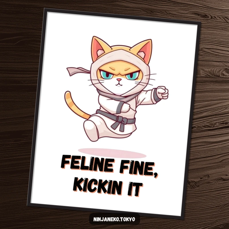 Funny Free Printable Wall Art: Fierce ninja cat captured mid-kick, a dynamic and humorous piece of downloadable decor.