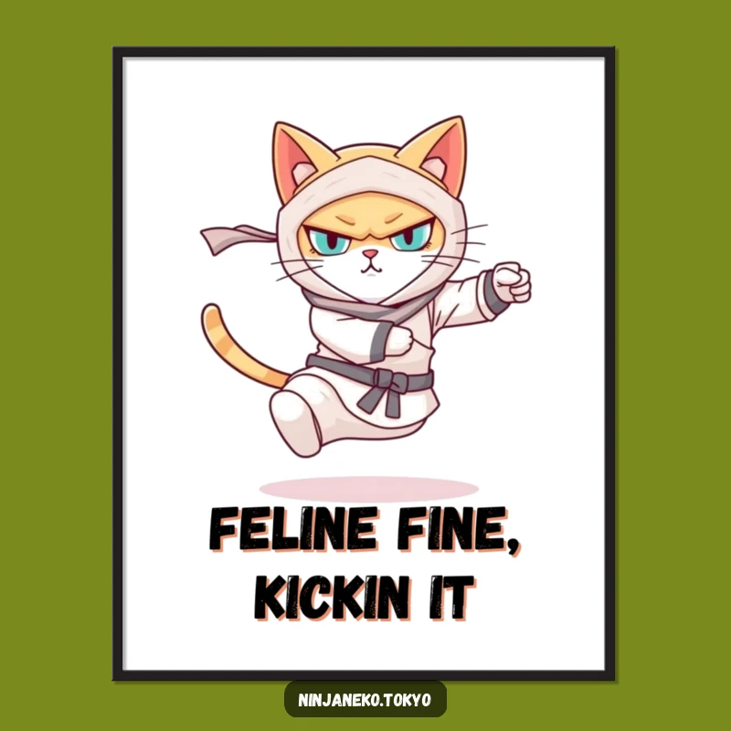 Free Printable Ninja Cat Wall Art: Determined Kick Action Downloadable Decor