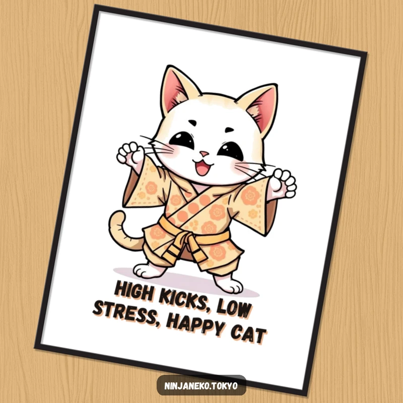 Funny Free Printable Ninja Cat Wall Art depicting a cat in a kimono enthusiastically practicing ninja kicks.
