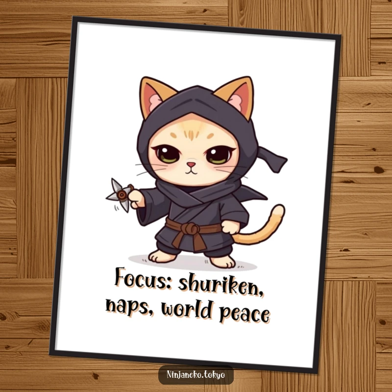Funny Free Printable Ninja Cat Wall Art depicting a focused cat in a dark kimono balancing a small shuriken.