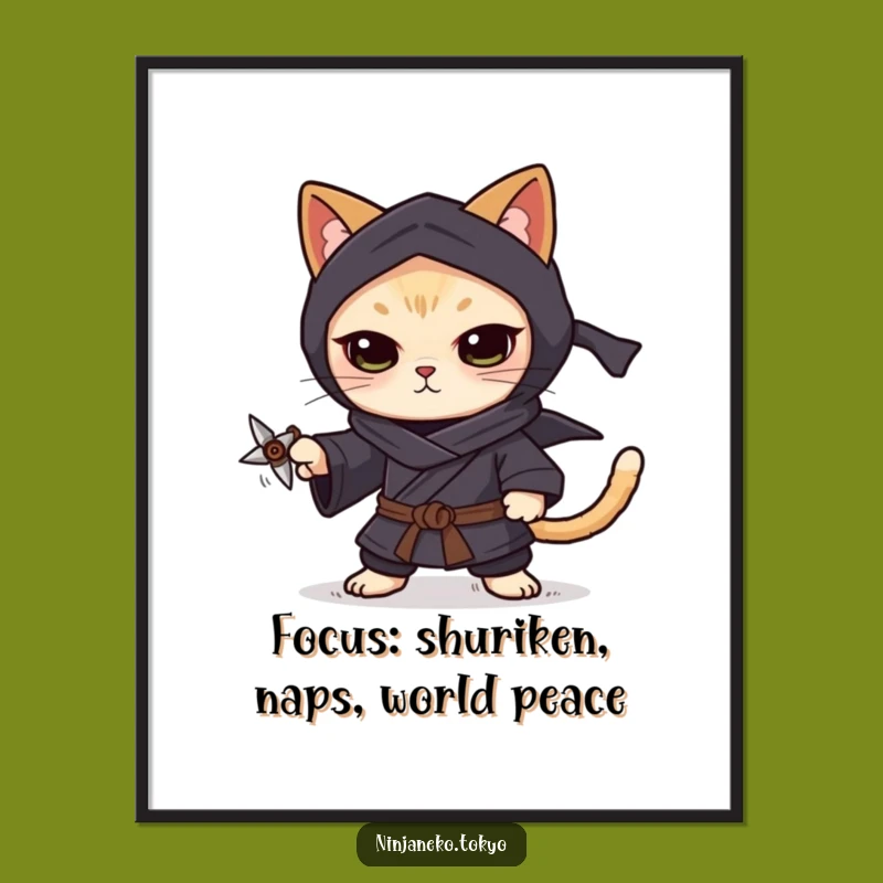 Free Printable Ninja Cat Wall Art: Focused Shuriken Decor Downloadable