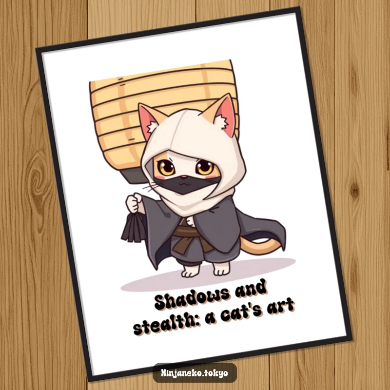 Funny Free Printable Ninja Cat Wall Art showcasing a cat in a kimono peeking slyly from behind a lantern.
