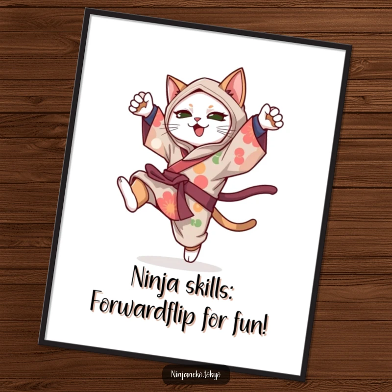 Funny Free Printable Ninja Cat Wall Art: A ninja cat in a vibrant kimono in mid-somersault, bringing dynamic action to your decor.
