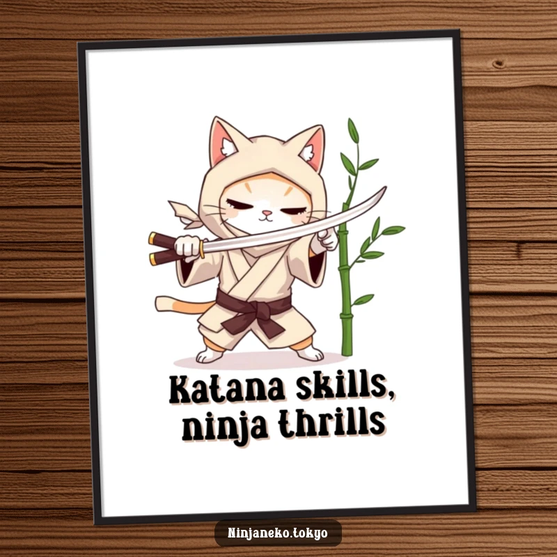 Funny Free Printable Wall Art: Zen ninja cat in a kimono sparring with a bamboo stalk, a humorous and artistic downloadable piece.