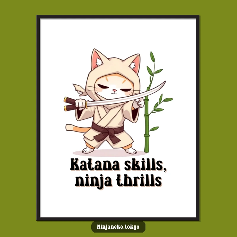 Free Printable Ninja Cat Wall Art: Mock Sword Play Downloadable Decor