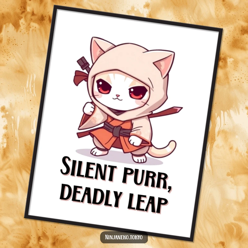 Funny Free Printable Wall Art: A ninja cat in a kimono crouches stealthily, bringing a dose of humor to your decor.