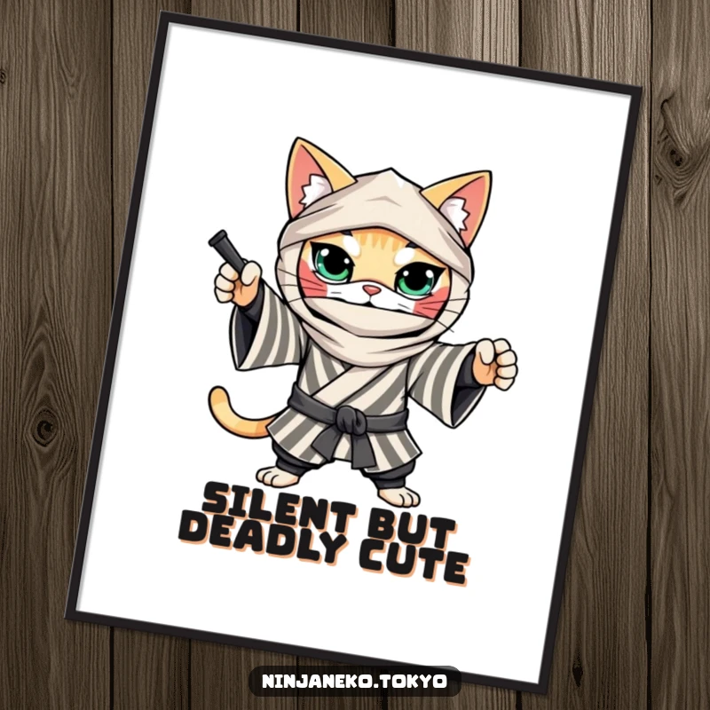 Funny Free Printable Wall Art: A determined ninja cat in a striped kimono striking a playful ninja pose, cool decor.