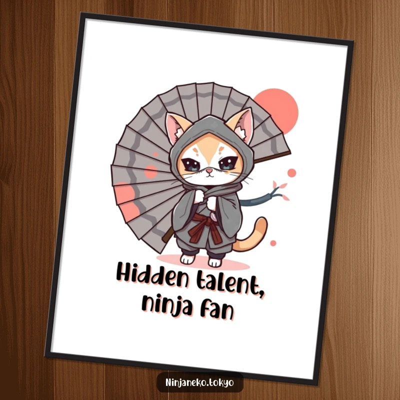 Funny Free Printable Wall Art: A stealthy ninja cat in a kimono playfully conceals itself behind a grand Japanese fan.