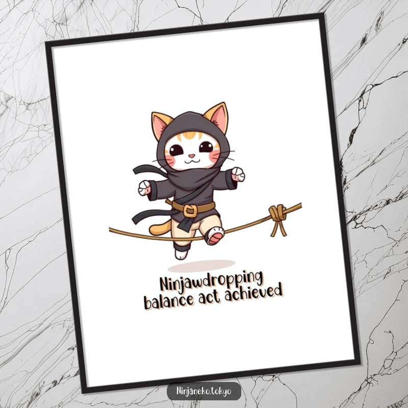 Funny Free Printable Wall Art: A playful cat dressed as a ninja, masterfully walking a tightrope.