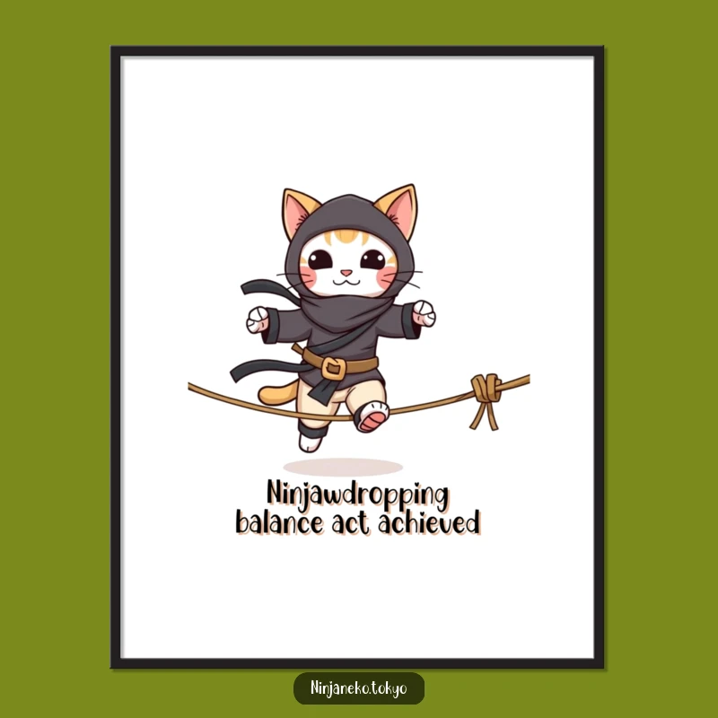 Humorous Free Printable Wall Art: Ninja Cat Tightrope, Downloadable Decor