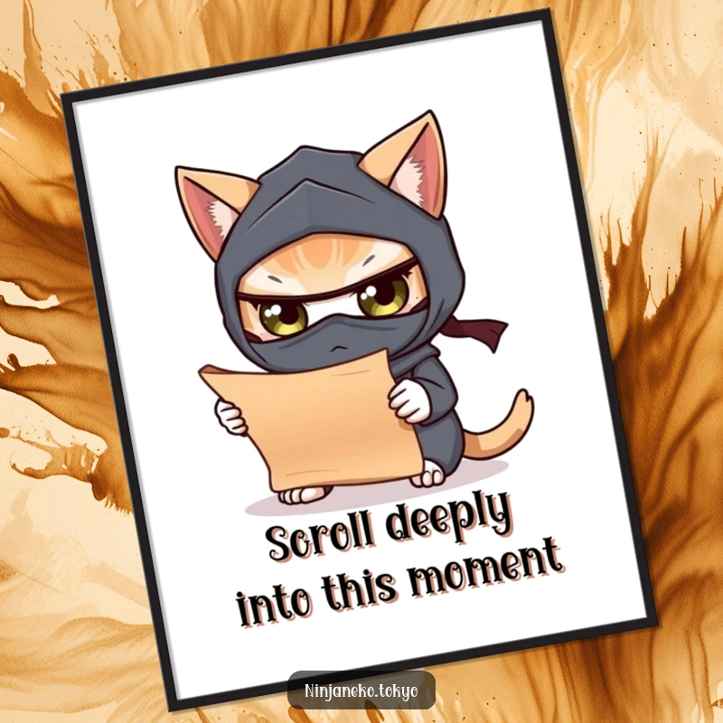 Funny Free Printable Wall Art: A curious ninja cat examining a miniature scroll with intense, focused eyes.