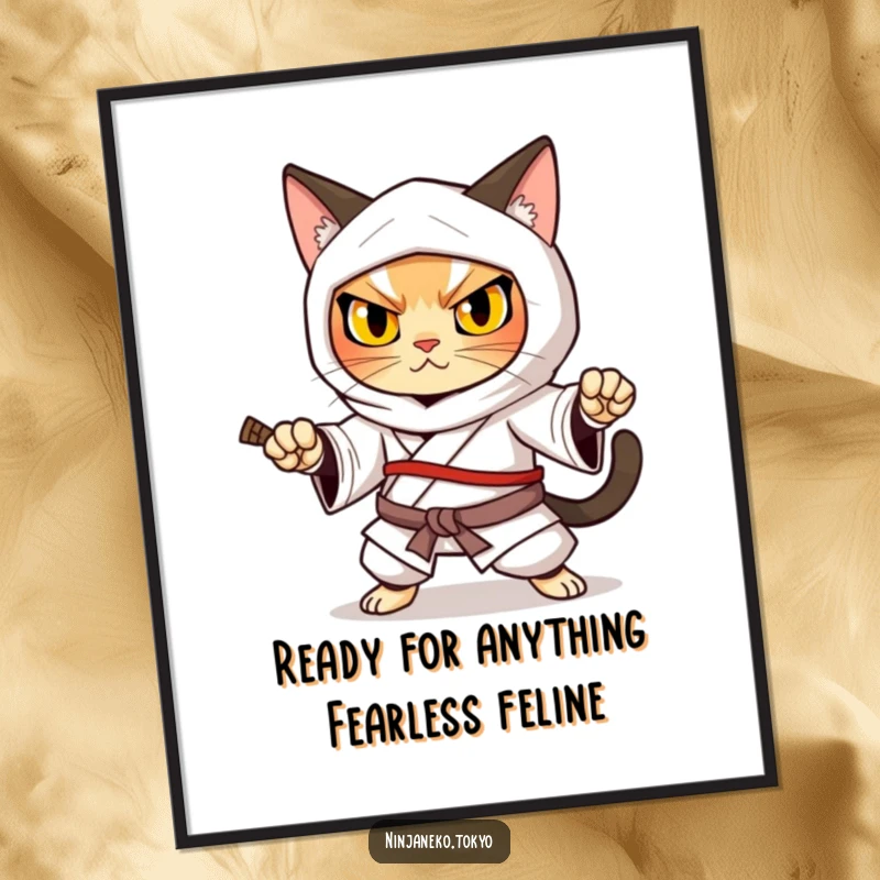 Funny Free Printable Ninja Cat Wall Art: A ninja cat in a traditional kimono takes a solid defensive stance, exuding quiet strength.