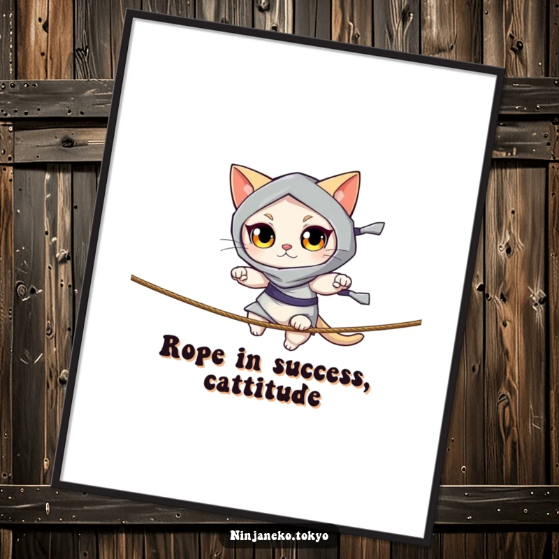 Funny Free Printable Wall Art: Zen ninja cat perfectly balanced on a thin rope, a mesmerizing and humorous downloadable art piece.