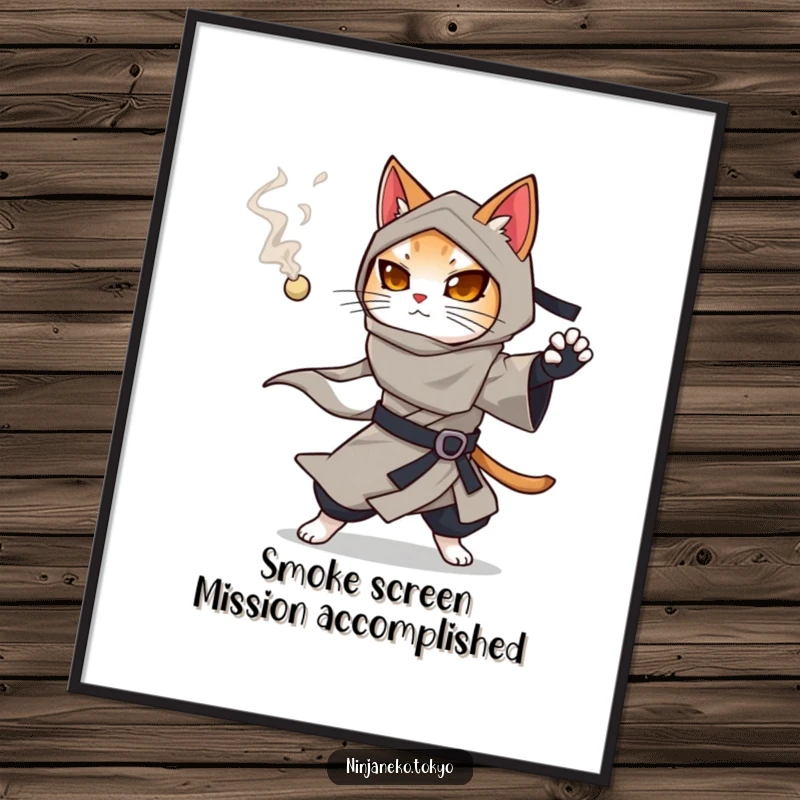 Funny Free Printable Ninja Cat Wall Art: A ninja cat in a flowing kimono prepares to throw a smoking pellet, creating a mysterious vibe.