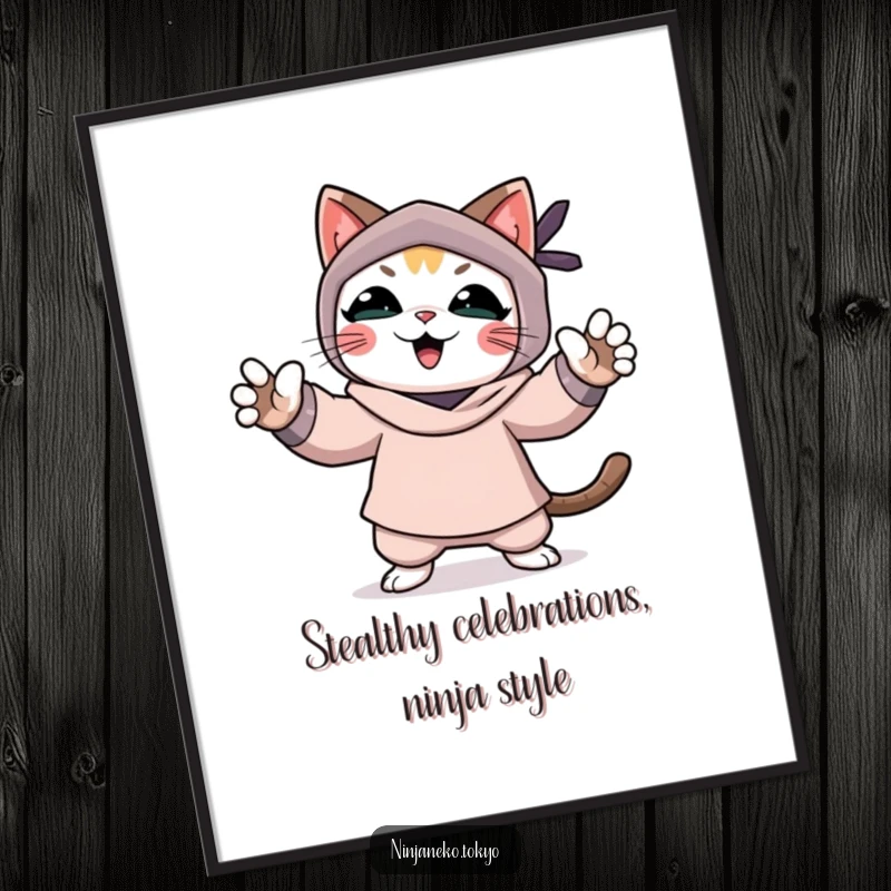 Funny Free Printable Ninja Cat Wall Art: A stealthy cat celebrating a pretend mission, downloadable art for a humorous room.