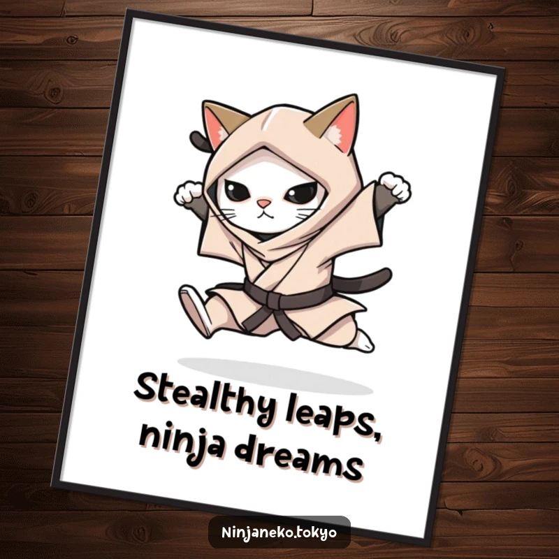 Funny Free Printable Wall Art: A ninja cat in a stealthy kimono performs a silent leap, adding dynamic humor to your space.